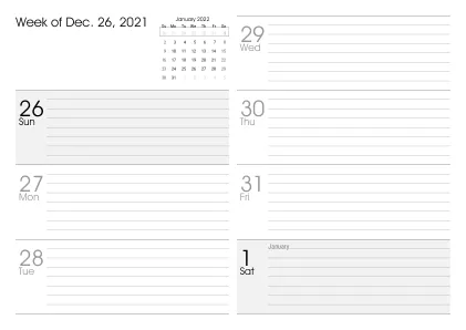 Preview of a weekly calendar page with holidays